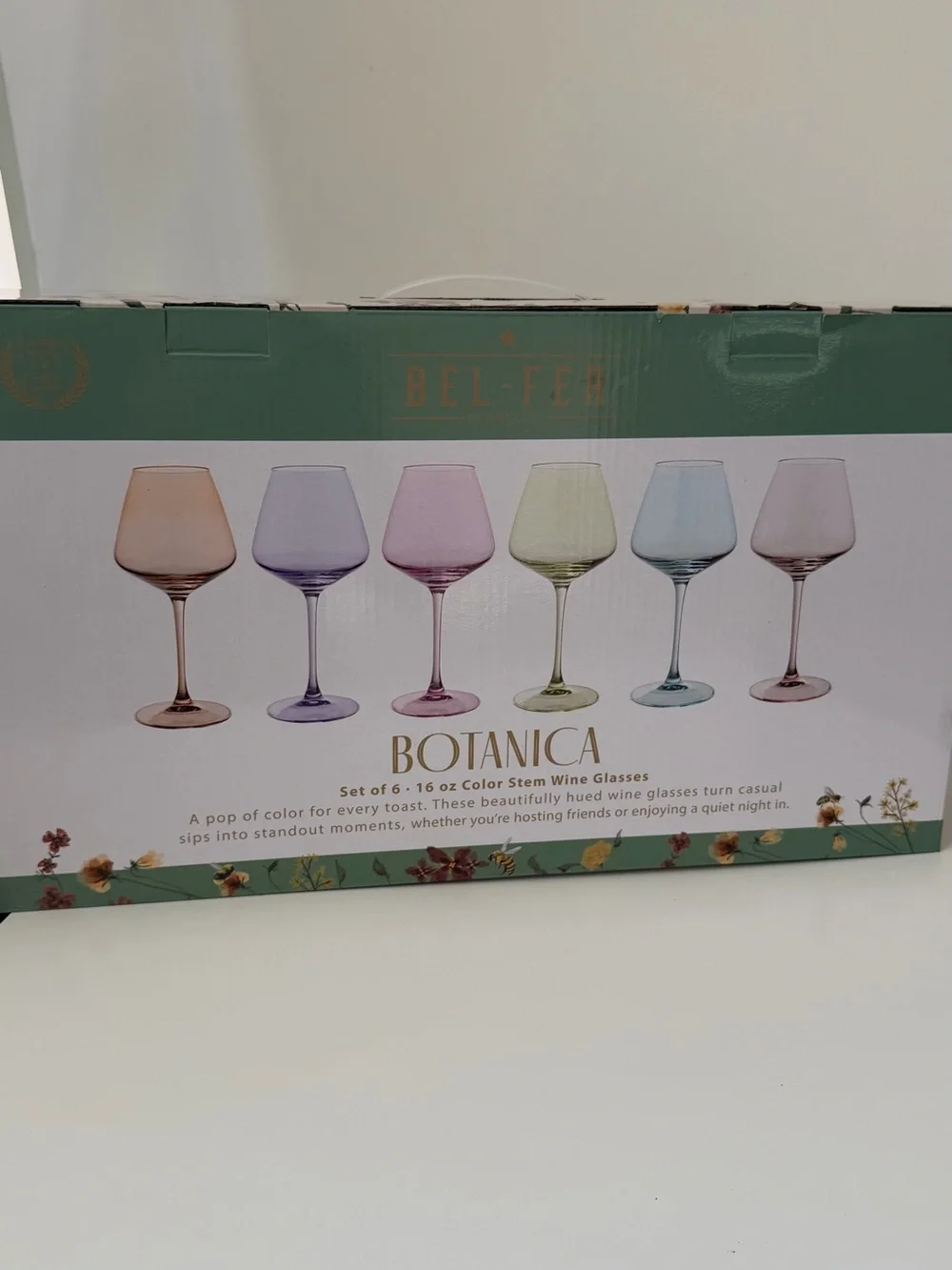 Bel Fer Botanica Set of 6 Colored Wine Glasses LAST ONE